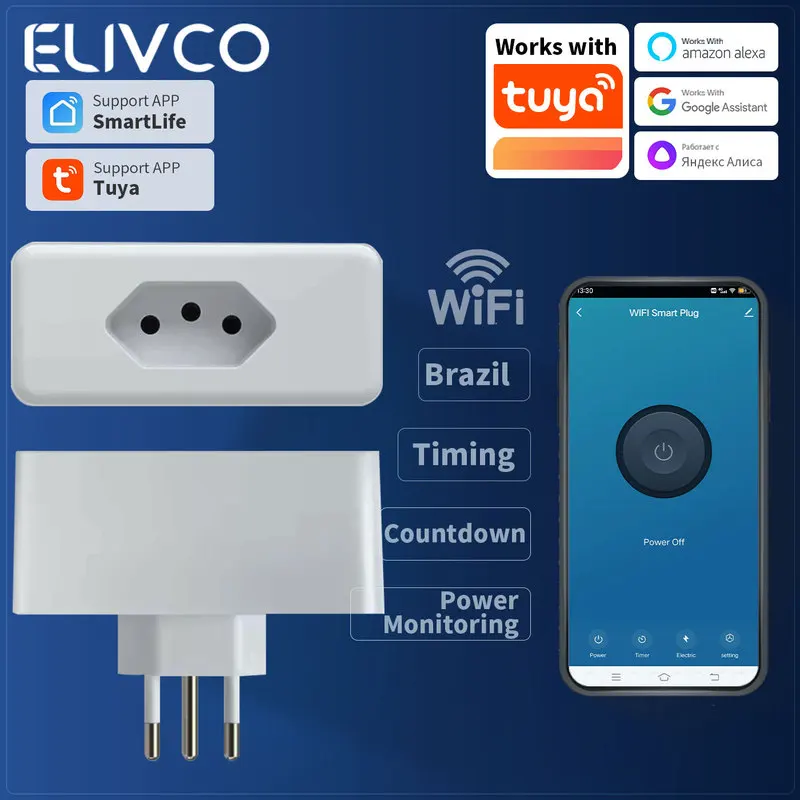 Tuya APP 16A Brazil  WiFi Smart Plug with Power Monitor, Smart Life APP Smart Socket Voice Work for Google Home Alexa