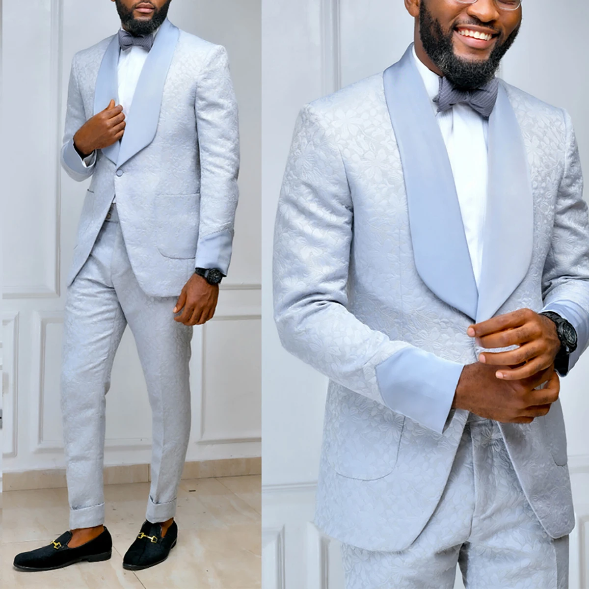 

Light Blue Jacquard Men Suit Tailor-Made 2 Pieces Blazer Black Pants One Button Wedding Groom Business Causal Prom Customized