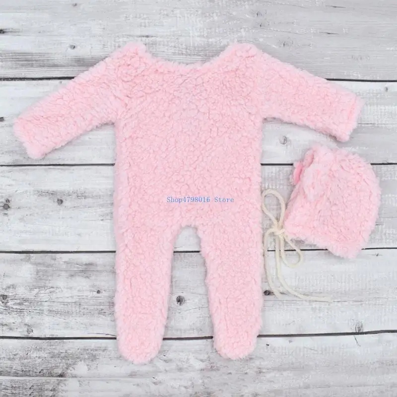 2Pcs Photography Props for Baby Boy Girls Unisex Jumpsuit Bear Ear Hat Footed Romper Newborn Photoshooting Accessories