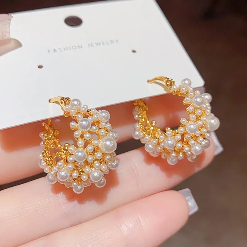 Luxury All Sparkling Pearl Hollow Clip On Hoop Earrings for Women 18K Gold Sterling Silver 925 Evening Party Date Accessories