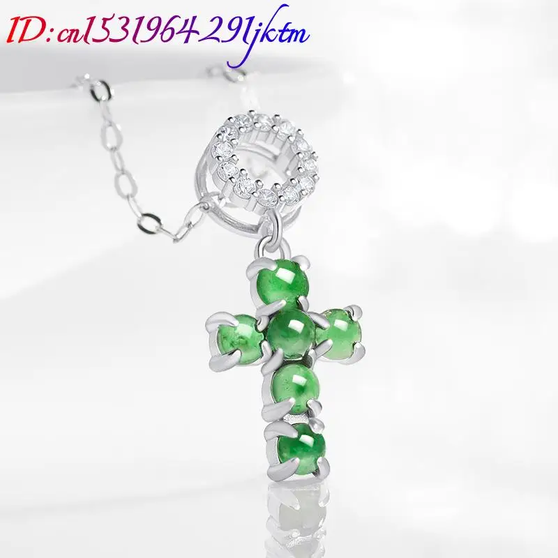 Green Burmese Jadeite Cross Pendant Necklace Natural Gemstone Talismans 925 Silver Burmese Jade Vintage Luxury Gifts for Women 2
