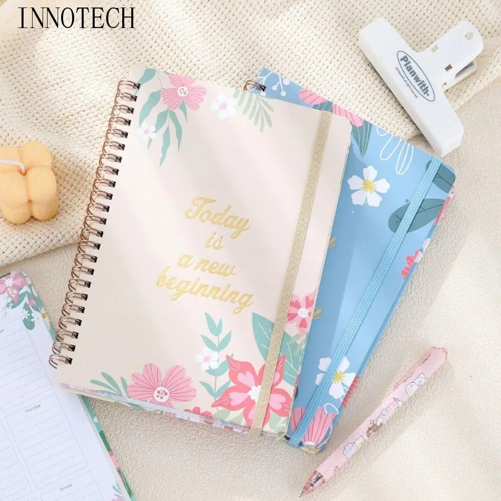 

80 Sheets A5 English Notepad Floral Printing Time Management Coil Notebook To Do List Portable Schedule Planner Notepad