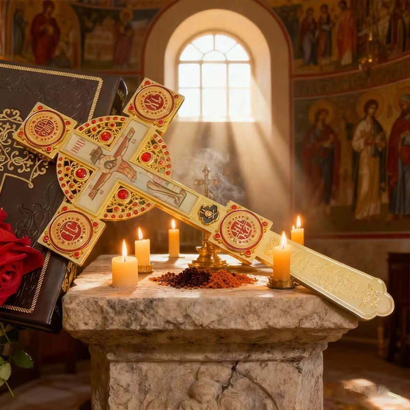 Ornate Gilded Orthodox Blessing Hand Cross Decorated With Red Gem Accents Jesus Crucifix Icon Elegant Alloy Craft Devotional