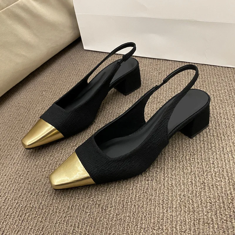 Moda Square Toe Slingbacks Women Shoes 2023. Nowe sandały na średnim obcasie dla kobiet Buty na wysokim obcasie dla kobiet