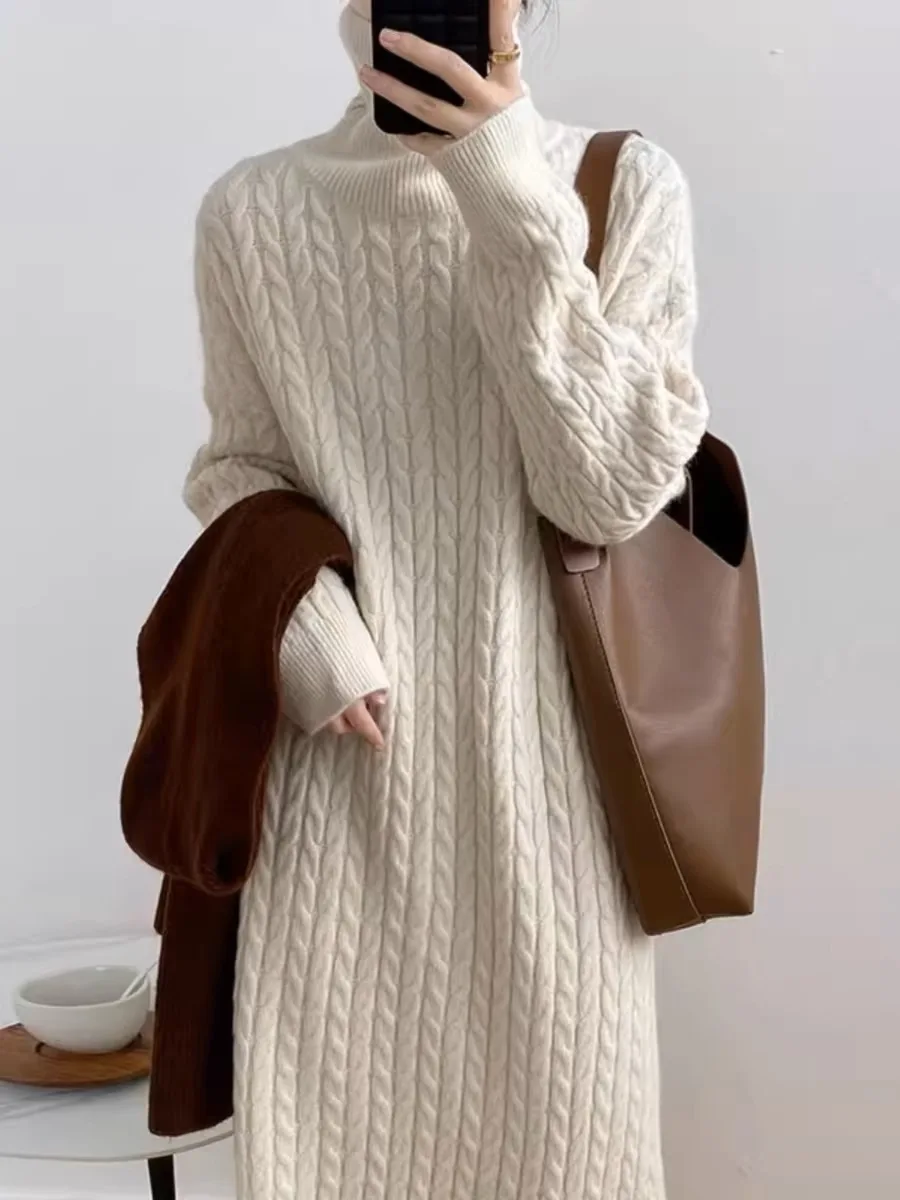 Autumn and Winter Clothing Turtleneck Twisted Flower Lazy Angora Knit Women Korean Sle Long over-the-Knee Loose Long sleeve...