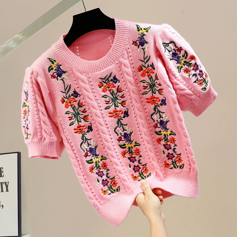 New Summer Women\'s Knitted Sweater Korean Fashion High Quality Floral Embroidery Short Sleeve Knitwear Woman Casual Jumper