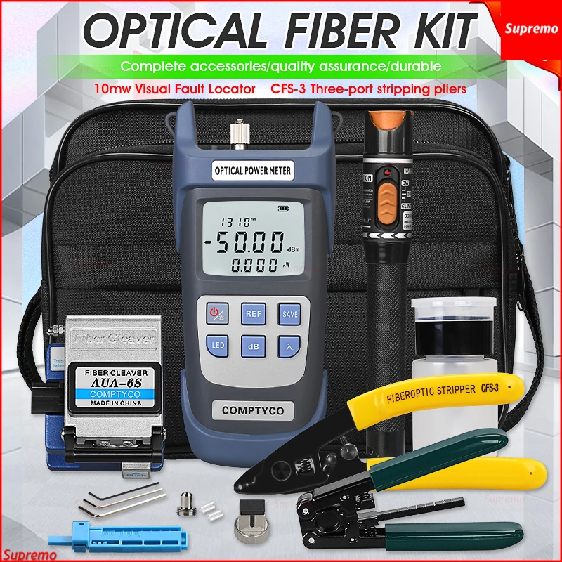 

COMPTYCO 19pc/set FTTH Cold Connection Tool Kit -50 ~+26dBm AUA-6S Fiber Cleaver Optical Power Meter 10MW Visual Fault Locator