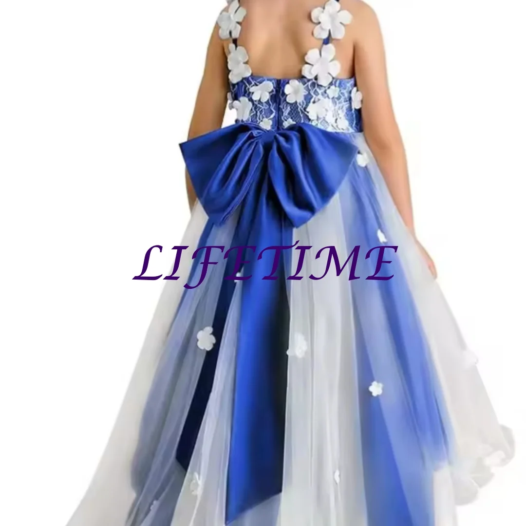 Abito da ragazza di fiori personalizzato personalizzato per matrimonio 2-14 bambini Abito da spettacolo principessa con cinturino per spaghetti alto e basso Applique 3D formale