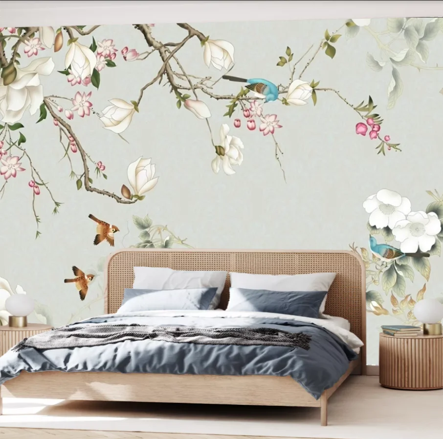 Customized size wallpaper hand-painted peacock flower branch mural home decoration Chinese retro flower animal 3d wallpaper
