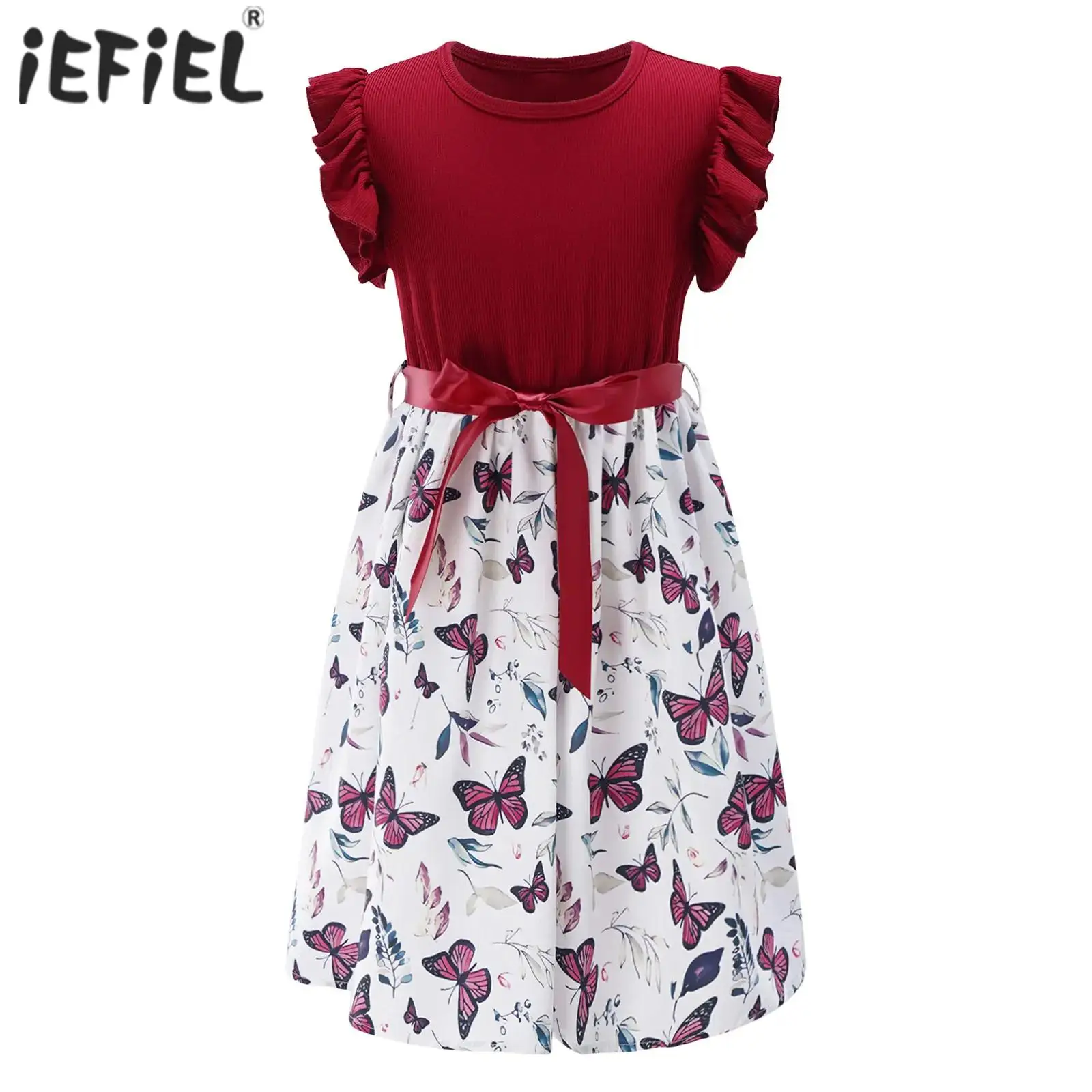 

Kids Girl Child Summer Casual Dress Ruffled Sleeve Flower/Butterfly Print Dress with Belt for Travel Picnic Beach Birthday Party