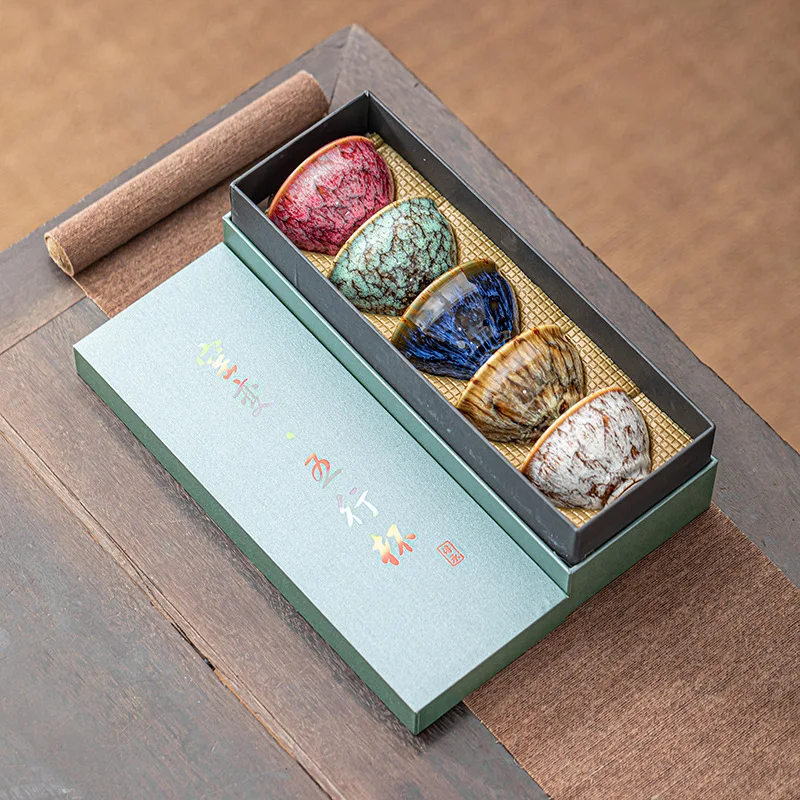 Handmade Glazed Jianzhan Tea Cups Set of 5 Colorful Kiln Fired Teacups for Kung Fu Tea