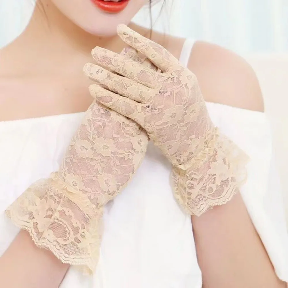 Women Thin Mesh Lace Gloves Fashion Ruffle Full Finger UV Proof Driving Mittens image 3