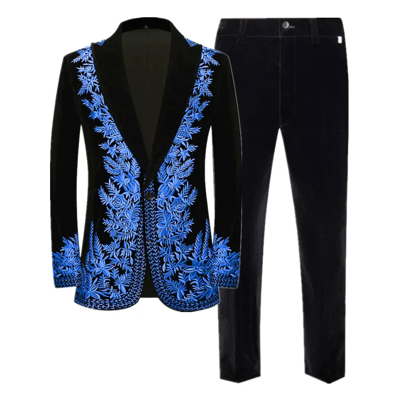 Hoge kwaliteit heren zwart fluwelen pakken goud groen blauw mode mannelijke bruiloft banket prom feestjurk geborduurde blazer en broek