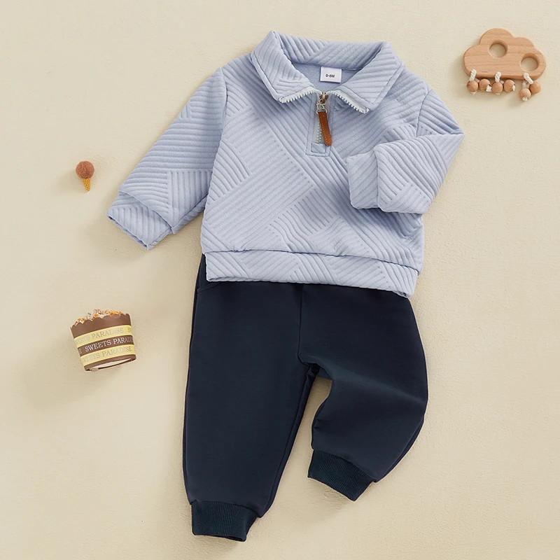 

Youth Fall Fashion Set with Long Sleeve Lapel Half Zip Up Pullover and Solid Color Pants for Boys