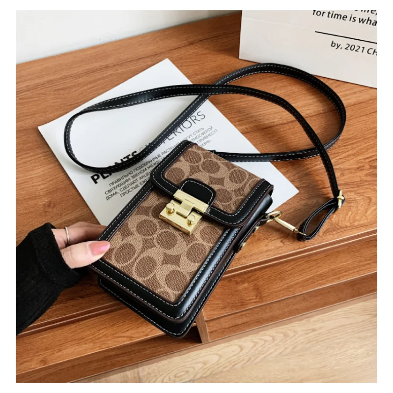 Vertical Single‑Shoulder Phone Bag Classic Retro Trend Printed Women Mobile Crossbody Bag Black Pink Brown White For Daily Outdo