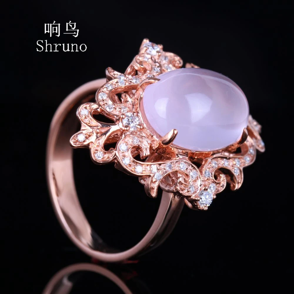 Shruno Solid 14K Rose Gold 4.5ct Oval Cut 9.5x13.5 Genuine Pink Quartz Engagement Ring Women Real Diamonds Luxury Wedding Band