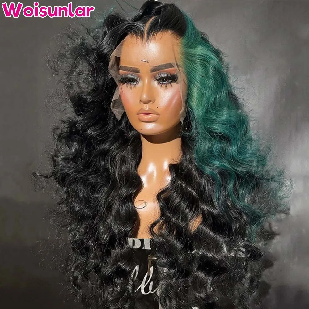 13x4 Transparent Lace Front Wig Highlight Green Loose Deep Wave Wig 100% Human Hair Pre Plucked Lace Frontal Wig for Black Women