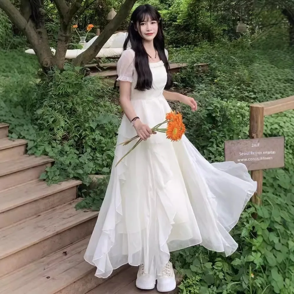 

Темпераментное белое шифоновое платье, женское платье трапециевидной формы с пышными рукавами и оборками, многослойное сетчатое платье с квадратным воротником и кисточками, вечерние