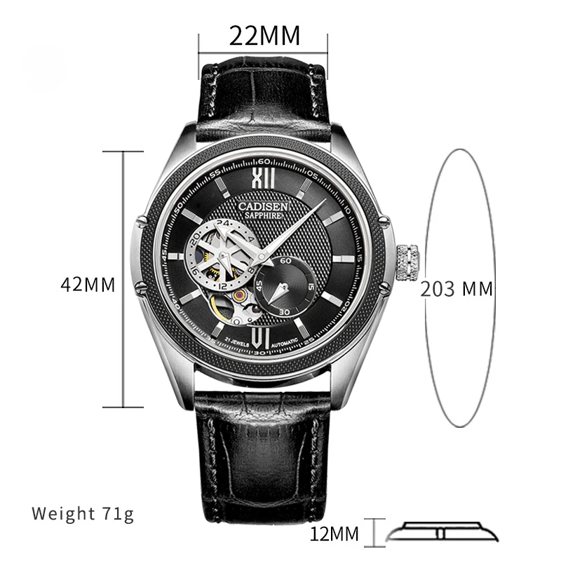 CADISEN Men Watch Automatic Japan MIYOTA 82S7 MOVT Mechanical Watches Luminous Men Sapphire Glass Skeleton Clock Leather strap