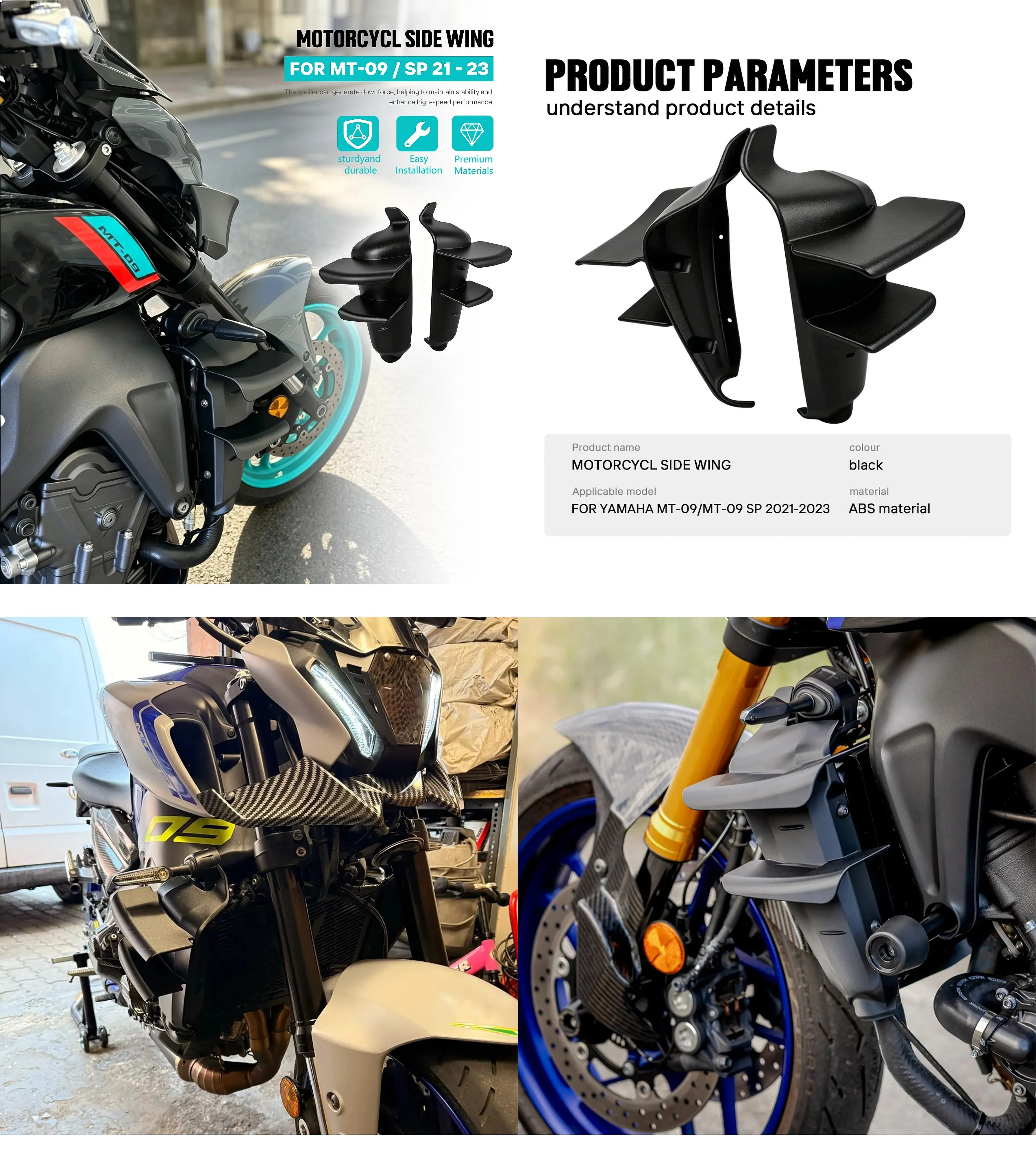 MotorGP fit For YAMAHA MT-09/SP Side Wing Side spoiler FRONTAL SPOILERS MT09 2021 2022 2023 Front spoiler Lower spoiler flank