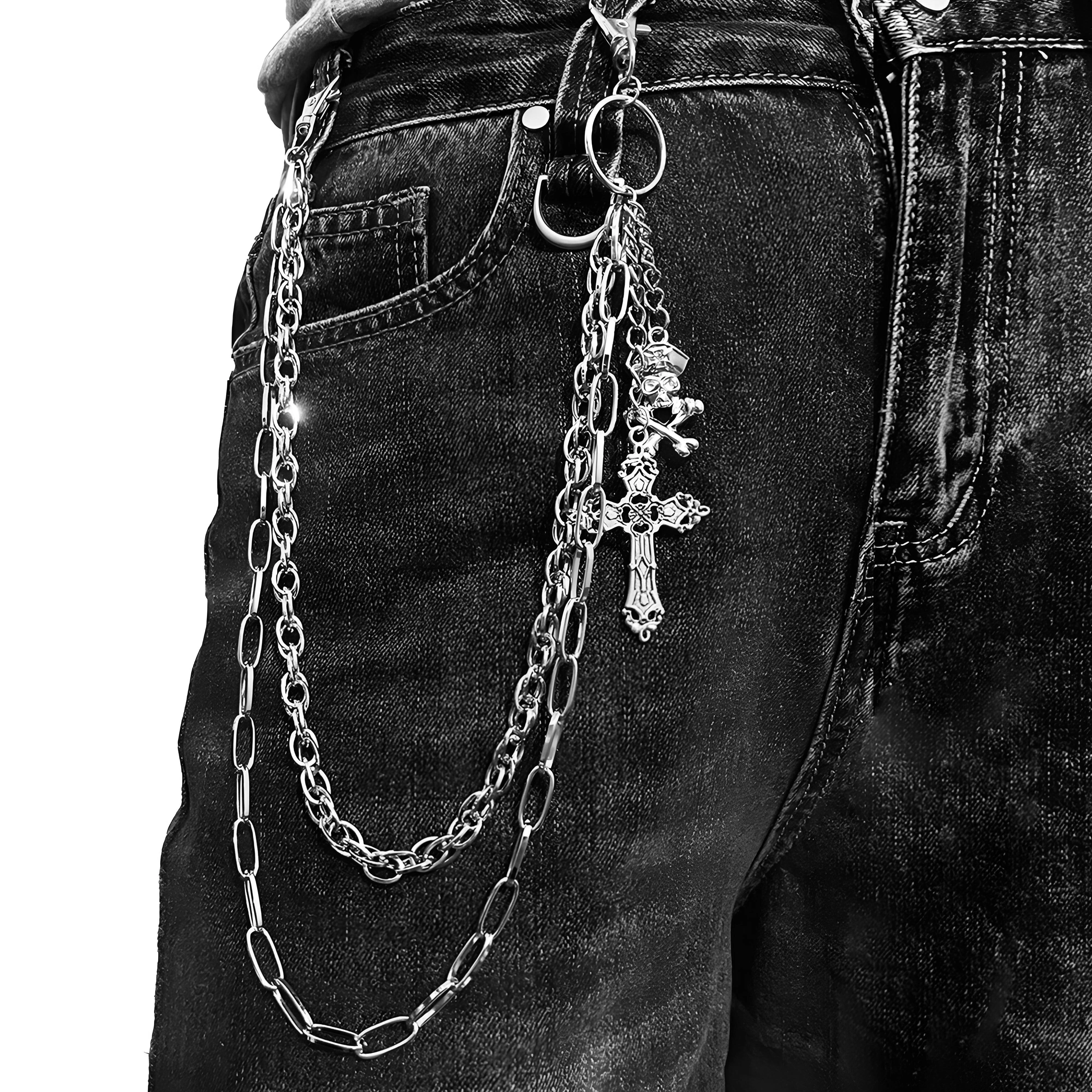 Gothic Punk Skull Chain Cross Multi-Functional Casual Skirt Jeans Hip-Hop Pants for Men And Women All-Match Fashion Accessory