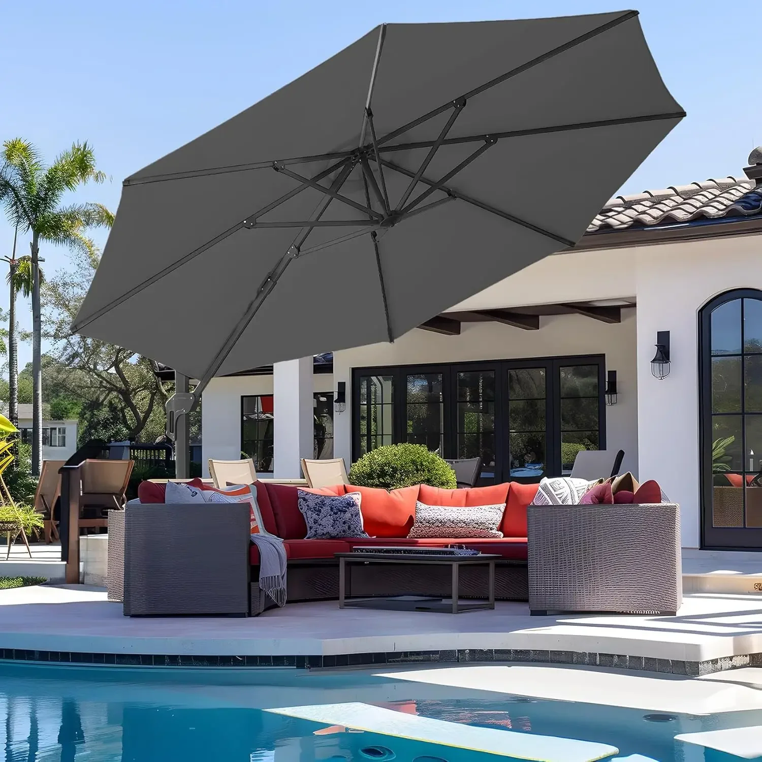 11 FT Cantilever Patio Umbrella, Offset Umbrella Outdoor Patio, 6-Level 360°Rotation Heavy Duty Large Umbrella with Cross Base