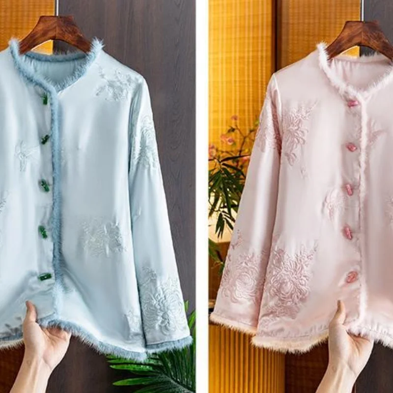 Chinese Stijl Borduren Splicing Bont Zijden Jas Vrouwen Herfst Winter High End Single Breasted Katoen Dames Outerwears