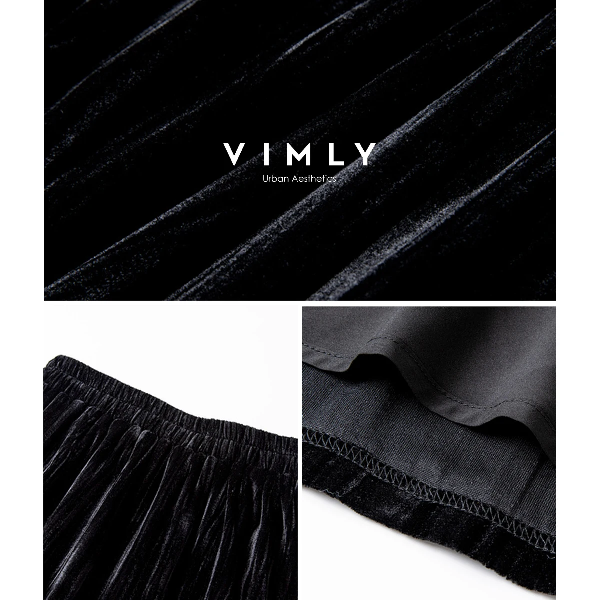 VIMLY Damskie Czarne Aksamitne Spódnice Midi Jesień 2025 Rozkloszowane Warstwowe Plisowane Długie Spódnice Eleganckie Luźne Satynowe Jedwabne Spódnice Damskie A3252