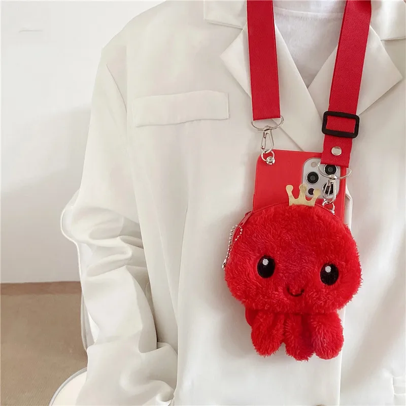 Necklace Strap Plush Octopus Phone Case For iPhone 15 14 12 13 mini 11 Pro Max X XR XS 6S 7 8 Plus Wallet Bags Furry Fur cover