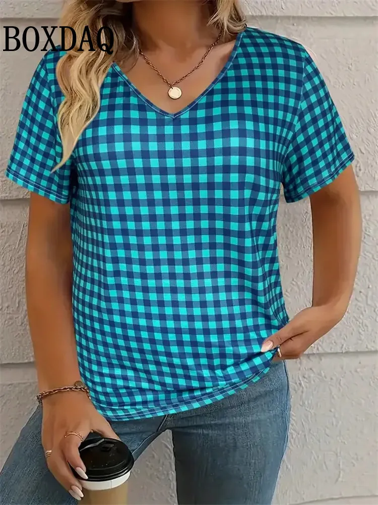 Classic Plaid Vintage T-Shirts Black White Women Street Fashion Plus Size T Shirt Casual Short-Sleeve V-Neck Print Tops Tee 2025