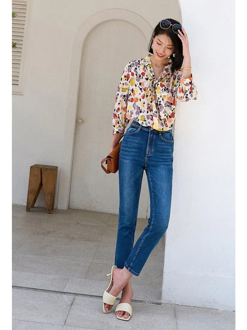 

High Waist Cotton Stretch Denim Jeans Women's Slimming a Long Leg Elastic Waed out Jeans High Energy Hard cy