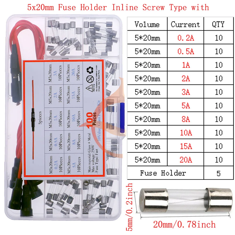 12V-250V Slow Fast Glass Fuse With Lead Wire Mix kit 0.1A 0.25A 0.5A 1A 2A 2.5A 3A 3.15A 4A 5A 6A 6.3A 8A 10A 15A 16A 20A 30A