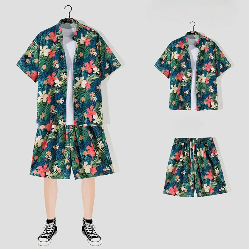 Summer Men's Seaside Vacation Travel Beach Suit Fashion Loose Casual Hawaiian Short Sleeve Floral Shirt Shorts Two Piece Set