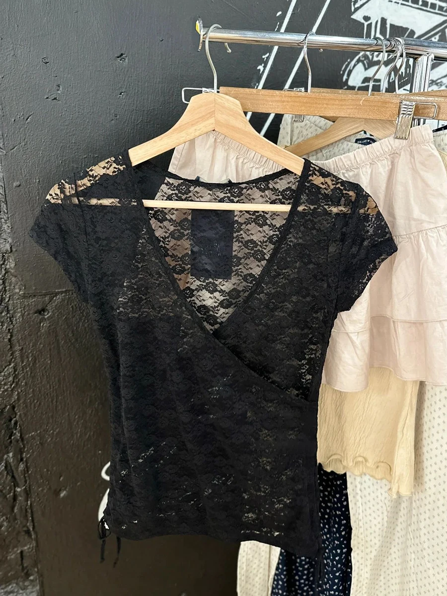 Black Lace Transparent Drawstring Crop Top Summer Short Sleeve V-Neck Thin Streetwear T-shirt Woman Casual Vintage Tees Tops