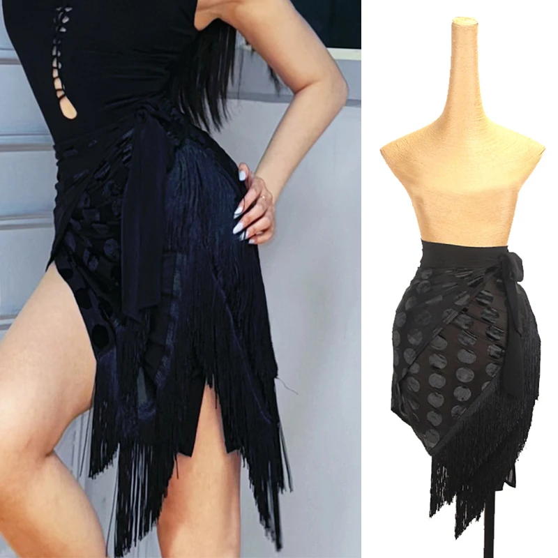 

Black Irregular Tassels Hip Scarf Latin Dance Practice Costume Polka Dot Skirt Adult Female Chacha Rumba Dance Skirt DQL12267