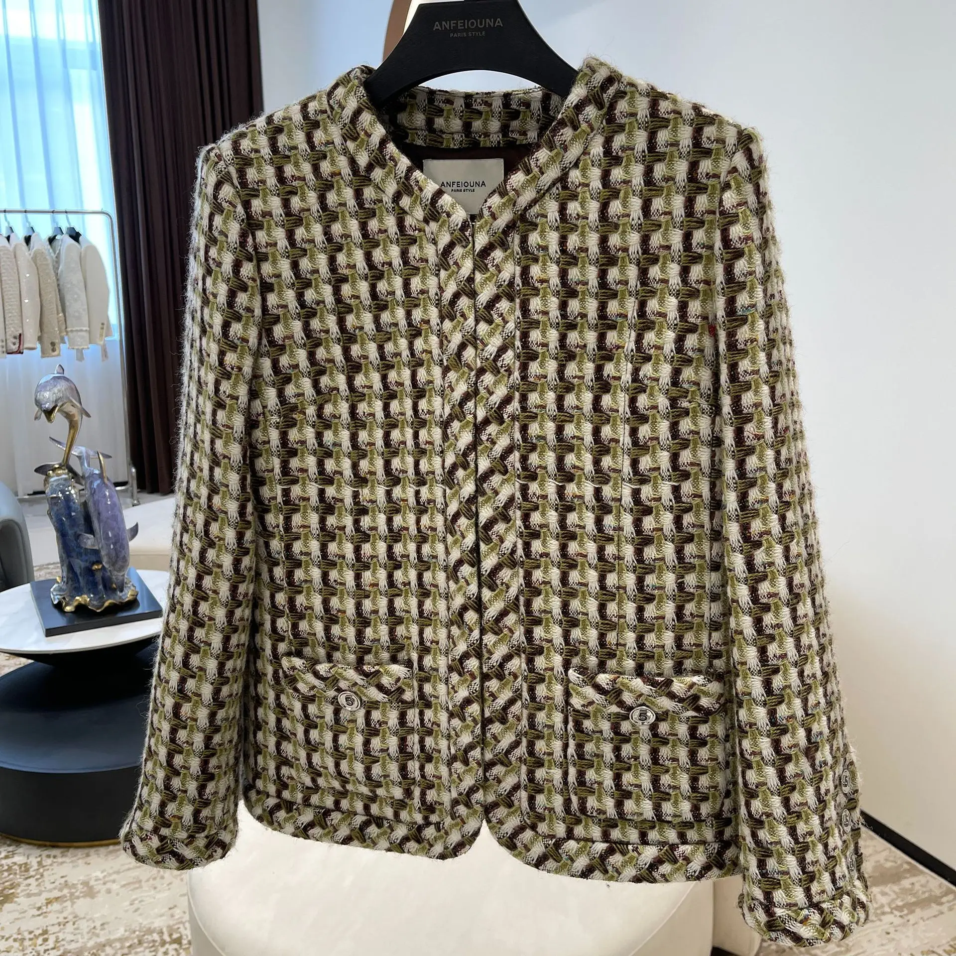 Runway-Tweed Jacket for Women, Small Fragrant Wool Blended Tweed Plaid Coat, Designer Clothes, Luxury Brand, Autumn and Winter