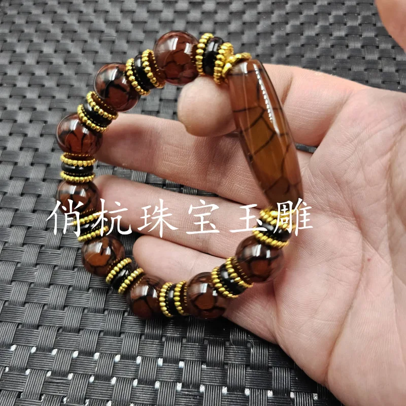 Twisted , Scale Flower Agate Round Beads, And Dzi Bead Bracelet