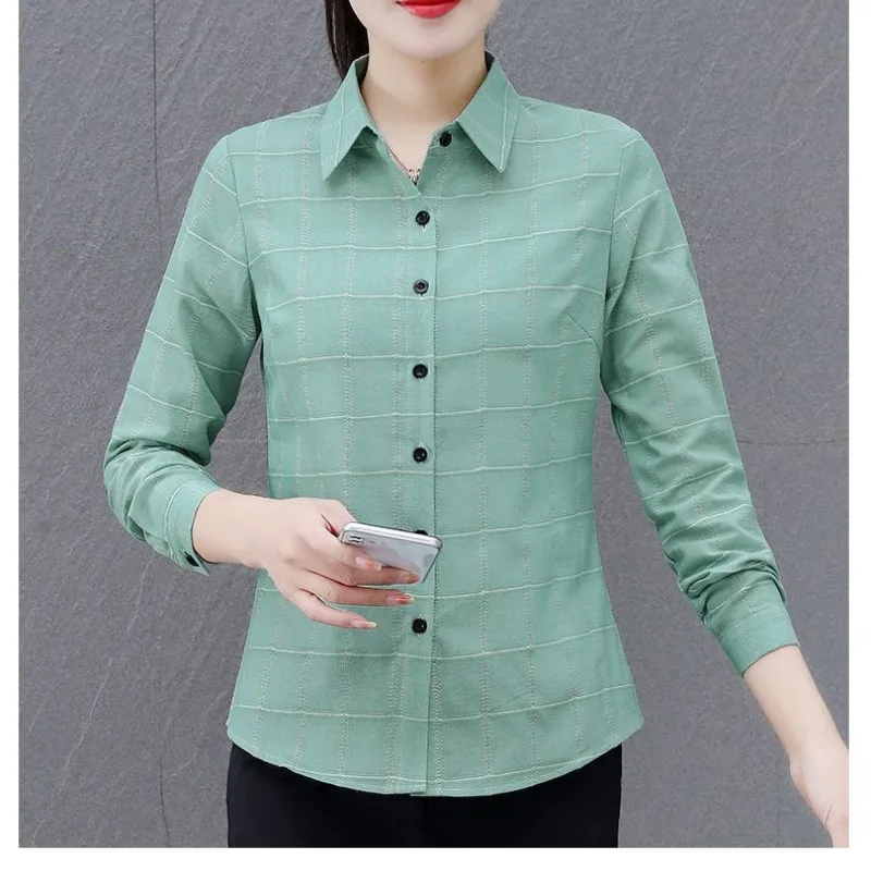 Spring and Autumn Women\'s Polo Collar Plaid Button Contrast Long Sleeve Cardigan Shirt Coat Fashion Office Lady Casual Tops