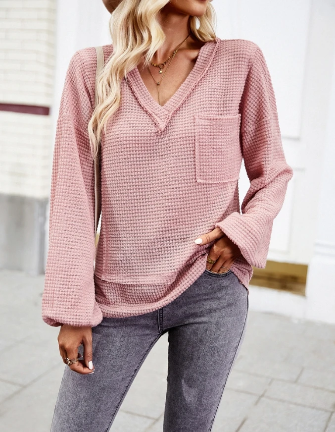 

Elegant Commuter Women's Top Autumn Solid Color Knitted Women's V-Neck Waffle Long Sleeved Pocket Loose Pullover Knitted T-Shirt