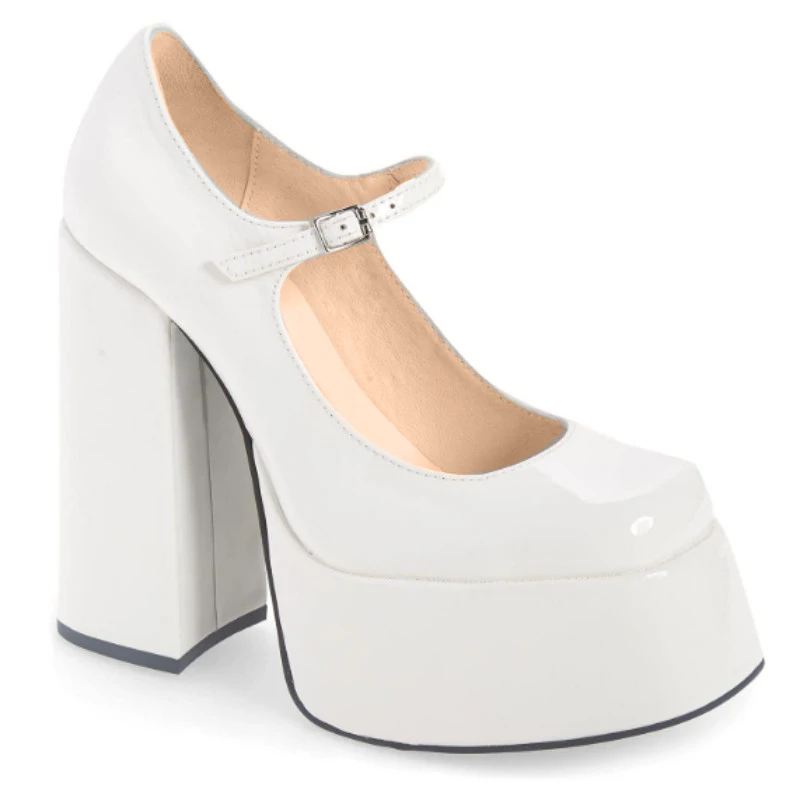 

SHOFOO Sexy women's high heels. White leather shoes About 15cm heel height Coarse heeled square toe shoes MaryJane women's shoes