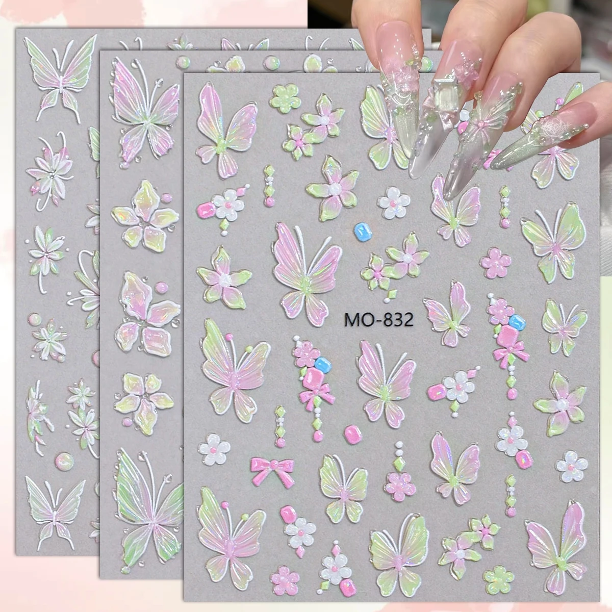 3 bis 15 Blatt 5D Aurora Schmetterlings-Blumen-Nagelaufkleber Rosa Grün Selbstklebende Geprägte Nagelsticker für DIY-Maniküre