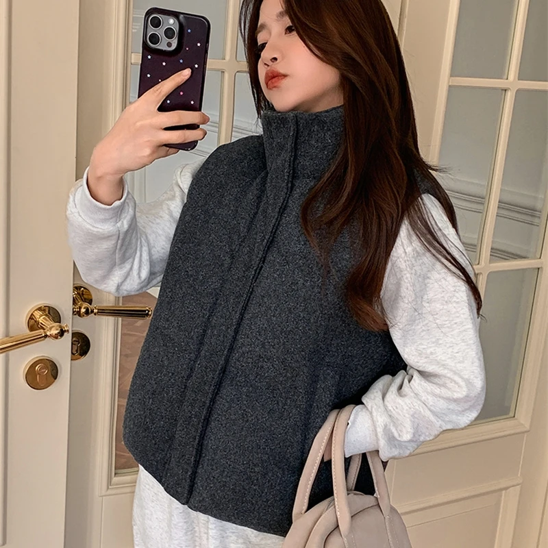Short Down cotton Vest Women's 2026 Korean Fashion New Stand-up Sleeveless Zipper Student Vest Jacket Black Gray Waistcoat Tide