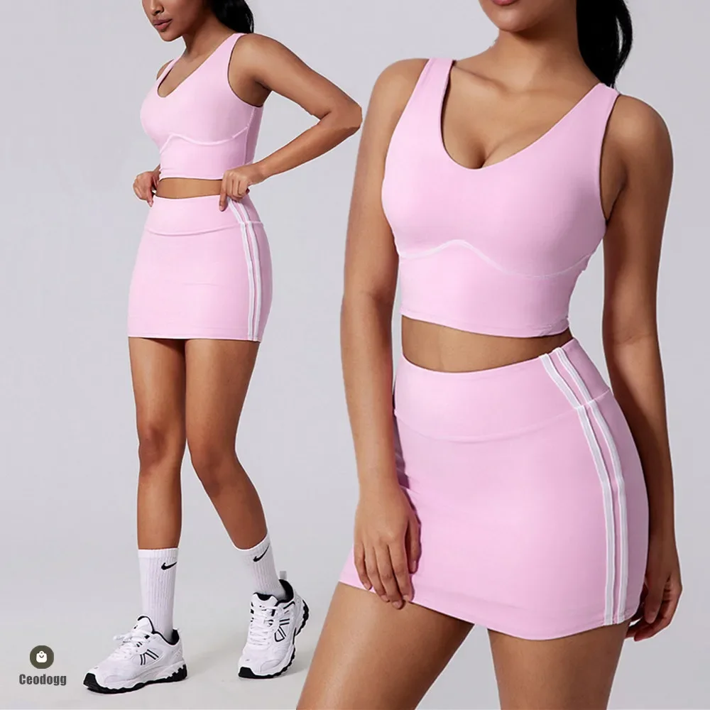 2025 2PCS Sports Vest + Anti-glare Skirts Yoga Sets Women Sport Bra Gym Workout Skirt Fitness Sports Active Suit Tennis Wear