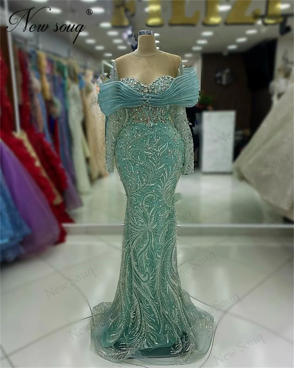 Mint Green Aso Ebi Beaded Evening Dresses Detachable Skirt Crystals Long Sleeves Party Cermony Dress Kaftans Dubai Cocktail Gown