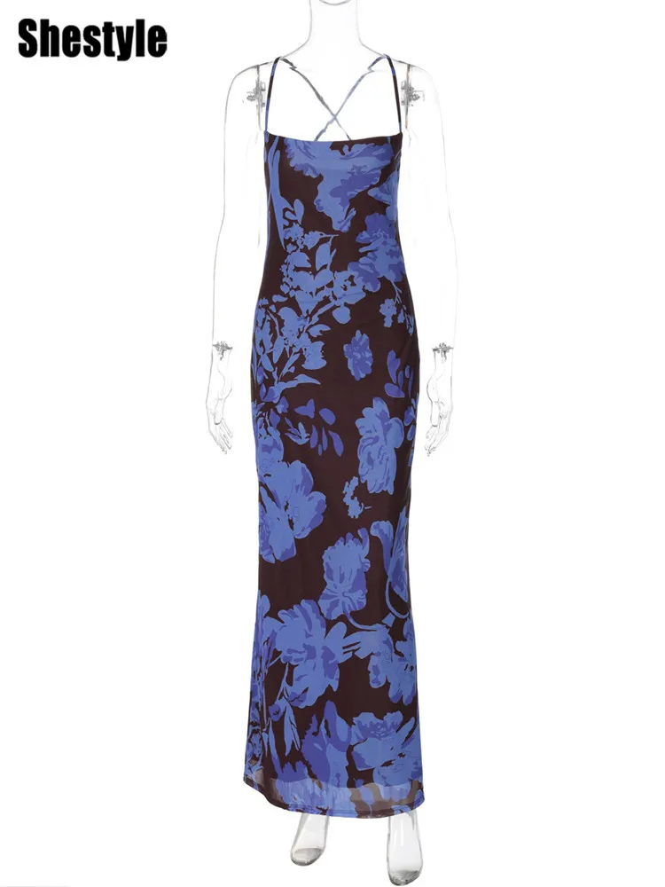 Shestyle فستان طويل بدون ظهر للنساء طبقة مزدوجة Bodycon السباغيتي حزام الأزرق زهرة يتأرجح طوق أنيق الشكل يمسك