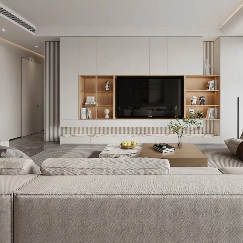 Modern Design Bespoke TV Wall Cabinet Natural Wood Veneer Sintered Stone Base Glass Display Soft Close Adjustable Living Room