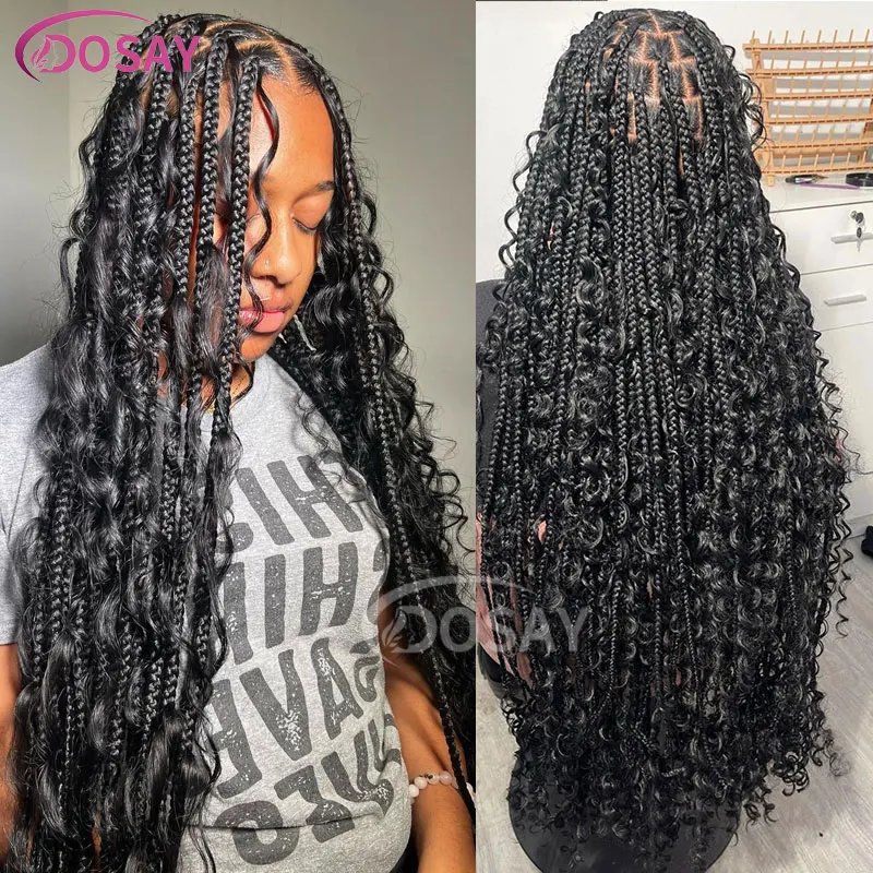 

Box Braided Full Lace Wigs 32'' Bohemia Goddess Square Part Braid Lace Front Wigs Synthetic Goddess Braids Wig With Curly End