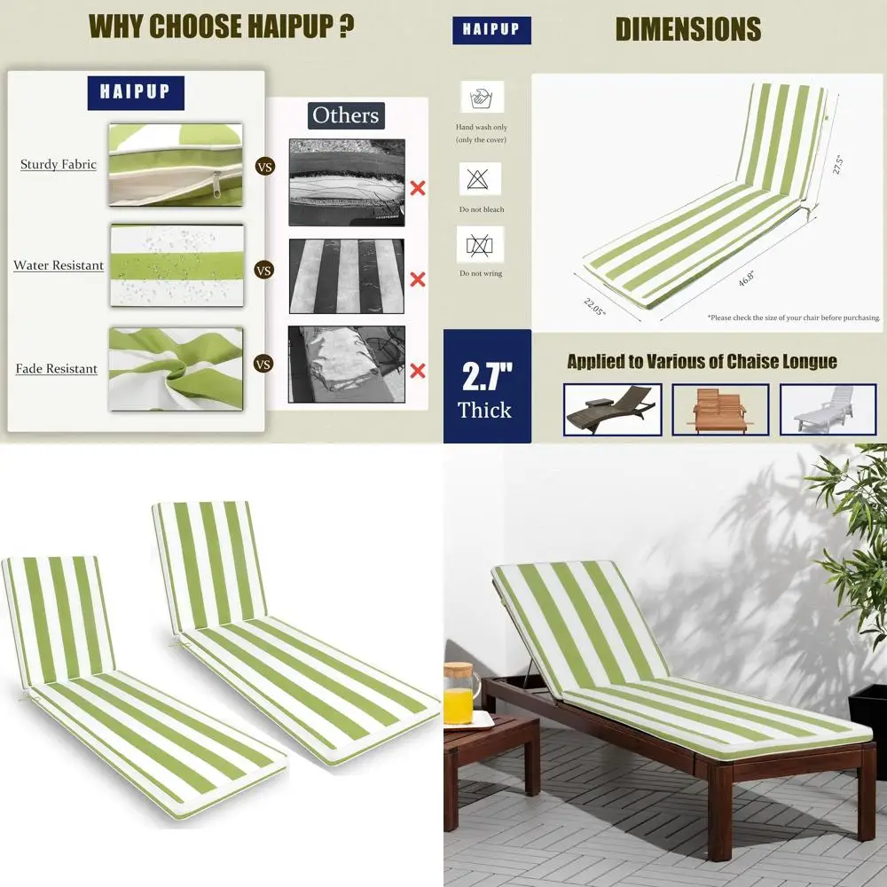 

Pair of Waterproof Outdoor Cushions for Chaise Lounges, Striped Green & White, Suitable for Patio, Backyard, Poolside, Deck