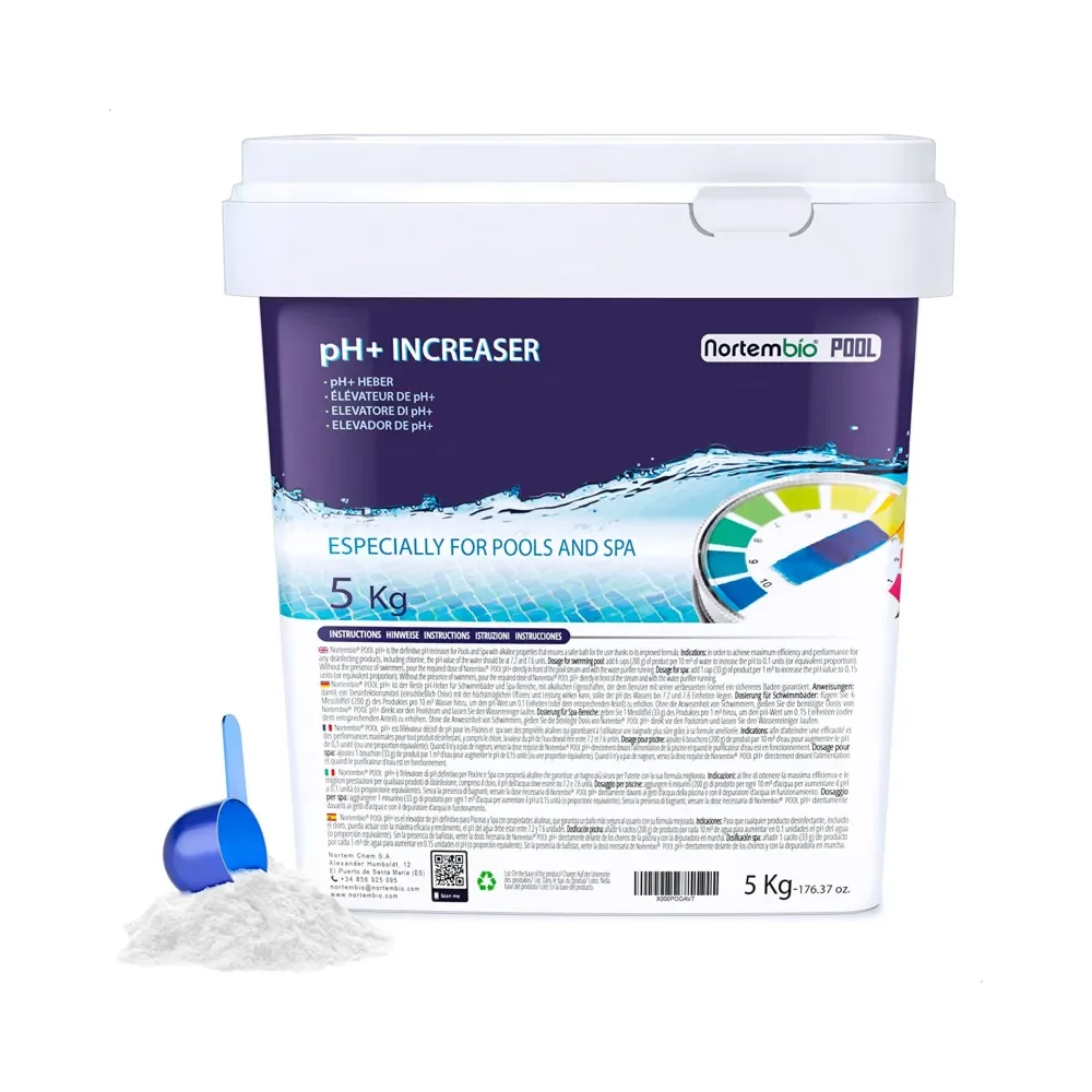 Nortembio Elevador pH Plus 5kg Piscinas y Spas en Formato Polvo. Mejora la Calidad del Agua. Seguro para toda La Familia.