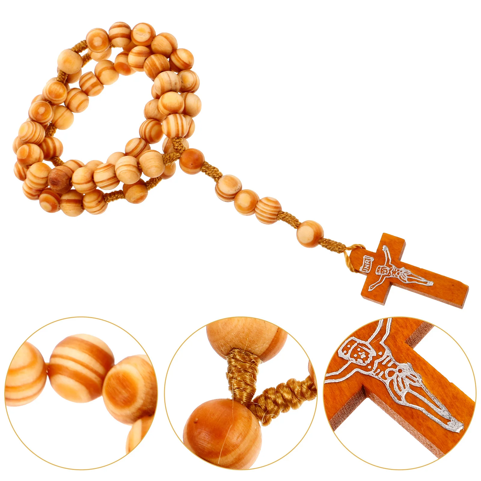 

Rosary Beads Necklace Prayer Beads Neck Chain Wooden Cross Pendant Vintage Style for Women Men Faith Trendy
